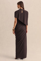 Lunaline | Brown High-Neck Maxi Dress With Asymmetric Cape And Draped-Detailing
