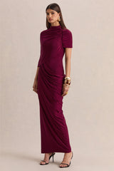 Lunaline | Burgundy High-Neck Maxi Dress With Asymmetric Cape And Draped-Detailing
