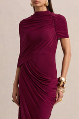 Lunaline | Burgundy High-Neck Maxi Dress With Asymmetric Cape And Draped-Detailing