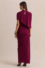 Lunaline | Burgundy High-Neck Maxi Dress With Asymmetric Cape And Draped-Detailing