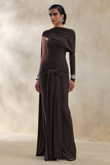 Trisara | Brown Asymmetric-Neck Maxi Dress With Gathered-Detailing And Sash