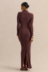 Karinthia | Brown High-Neck Maxi Dress With Draped-Detailing