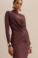 Karinthia | Brown High-Neck Maxi Dress With Draped-Detailing