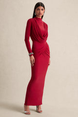 Karinthia | Red High-Neck Maxi Dress With Draped-Detailing