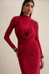 Karinthia | Red High-Neck Maxi Dress With Draped-Detailing
