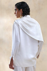 Serenza | Cream Satin Collared-Shirt With Cape-Detail