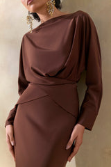 Miravia | Brown Satin Wide-Neck Long-Sleeve Top