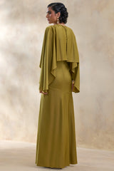 Vanthea | Olive Satin Round-Neck Maxi Dress With Cape-Sleeves