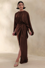 Delphina | Brown Satin Maxi Dress With Gathered And Knot-Detail
