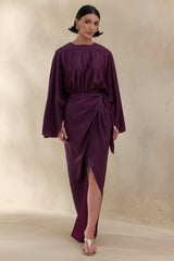 Delphina | Plum Satin Maxi Dress With Gathered And Knot-Detail