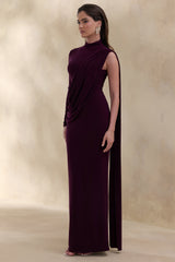 Oliria | Dark Plum High-Neck Maxi Dress With One-Long Sleeve And Sash-Detail
