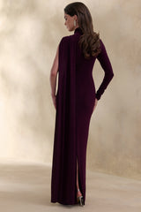 Oliria | Dark Plum High-Neck Maxi Dress With One-Long Sleeve And Sash-Detail
