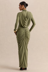 Harmona | Olive High-Neck Maxi Dress With Gathered And Draped-Detailing