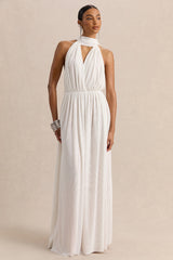Rylina | White Mesh Halter-Neck Maxi Dress With Scarf And Open-Back