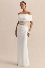 Forsya | White Bardot-Neck Maxi Dress With Lace-Detailing