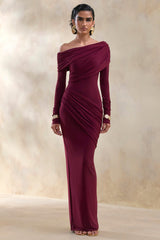 Rosirene | Burgundy Asymmetric-Neck Maxi Dress With Draped-Detailing