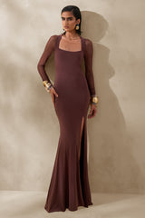 Renalia | Brown Square-Neck Maxi Dress With Mesh Long-Sleeves