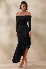 Goldara | Black Bardot-Neck Maxi Dress With Ruffled Asymmetric-Hem