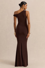 Caelia | Brown Asymmetric-Neck Maxi Dress With Gold-Detailing And Sash