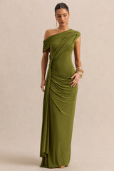 Avialee | Green Asymmetric-Neck Maxi Dress With Gathered-Detailing And Sash