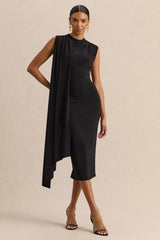 Oleandra | Black High-Neck Midi-Dress With Draped-Detail