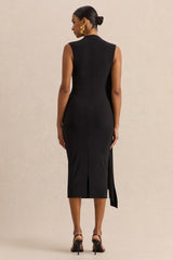 Oleandra | Black High-Neck Midi-Dress With Draped-Detail