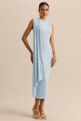 Oleandra | Light Blue High-Neck Midi-Dress With Draped-Detail
