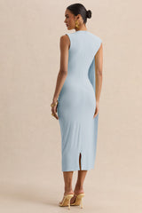Oleandra | Light Blue High-Neck Midi-Dress With Draped-Detail