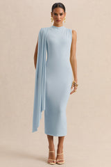 Oleandra | Light Blue High-Neck Midi-Dress With Draped-Detail