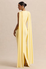 Patrina | Lemon High-Neck Maxi Dress With Draped-Detailing And Cape-Sleeves