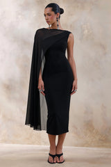 Caloria | Black Asymmetric-Neck Midi Dress With Mesh-Cape