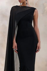 Caloria | Black Asymmetric-Neck Midi Dress With Mesh-Cape