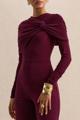 Eloura | Burgundy High-Neck Jumpsuit With Twist-Gathered Detail