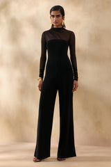 Emeria | Black High-Neck Jumpsuit With Long Mesh-Sleeves