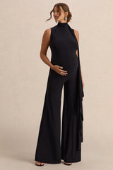 Renza | Black High-Neck Maternity Jumpsuit With Scarf Detail