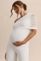 Mariska | White Asymmetric-Neck Maternity Jumpsuit