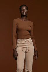 Long Sleeve Ribbed Crewneck Bodysuit | Chocolate