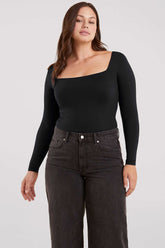 Long Sleeve Wide Square Neck Bodysuit | Black