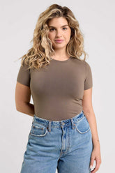 Cotton Stretch Short Sleeve Crewneck Bodysuit | Mocha