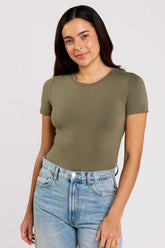 Cotton Stretch Short Sleeve Crewneck Bodysuit | Olive