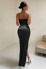 Romancing | Black Thigh Split Corset Strapless Maxi Dress