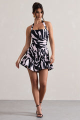 Zahra | Zebra Print Halter-Neck Ruched Mini Dress With Ruffle Hem