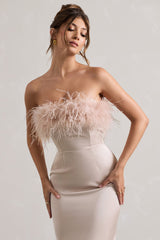 Dress For It | Champagne Satin Feather Trim Bandeau Maxi Dress