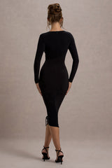 Lilia | Black Ruched Asymmetric Midi Dress