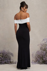 In Bloom | Black & White Bardot Maternity Maxi Dress With Flower