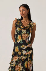 Lbruh Alinta Floral Ruffle Cowl Neck Midi Dress