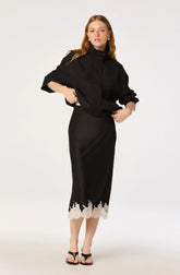 Inixyf Blossom Lace Hem Midi Skirt