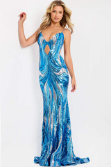 49376 - Jovani - Cut-Out Sequin Gown in Peacock/Silver