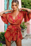 Nadi V-Neckline Wrap Romper Leaf Print Wine