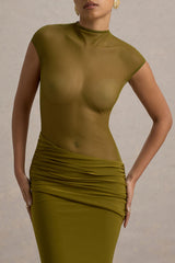 Asia | Green Sheer Short-Sleeve Draped Maxi Dress